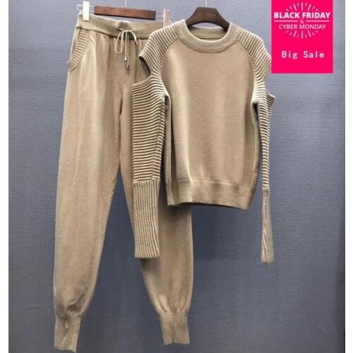 2020 Spring Knitted warm Suit Round neck Knit Sweater + hollow out LongPant Leisure Two-piece suits wj1763 wholesale dropshiping