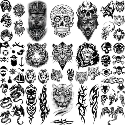 3D Tiger Lion Wolf Dragon Temporary Tattoos For Adult Men Kids Pirate Anchor Skull Thorns Fake Tattoo Neck Arm Hands Small Tatoo