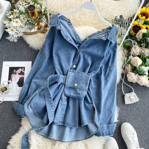 YGhan Denim Shirt Women Fashion Jeans Blouse Coat Ladies Streetwear Jean Denim Blouse Loose Shirts Vintage Tops