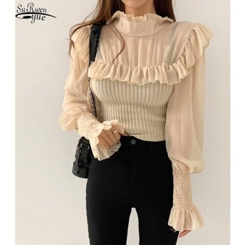 Autumn 2021 Korean Chic Fashion Chiffon Blouses Women Winter Causal Spliced Knit Shirt Elegant Turtleneck Shirt Top Blusas 16481