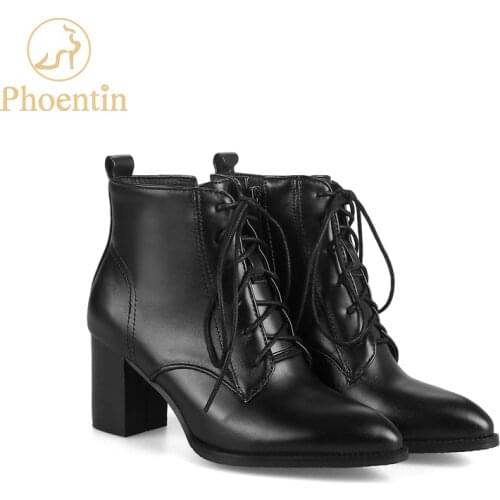 Phoentin PU lace-up women ankle boots square heel 6cm pointed toe calf boots side zipper open shoes woman new arrival 2017 FT166
