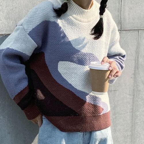 Women Contrast Panelled Sweaters Lady Knitted Long Sleeve Sweater Korean Fashion Vintage Loose Tops Outwear Women'clothing 2021
