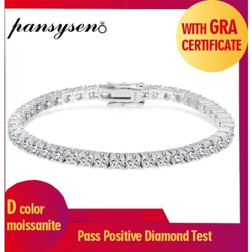 PANSYSEN 100% 925 Sterling Silver 4MM Round Real Moissanite Tennis Bracelets for Men Women Wedding Fine Jewelry Drop Shipping