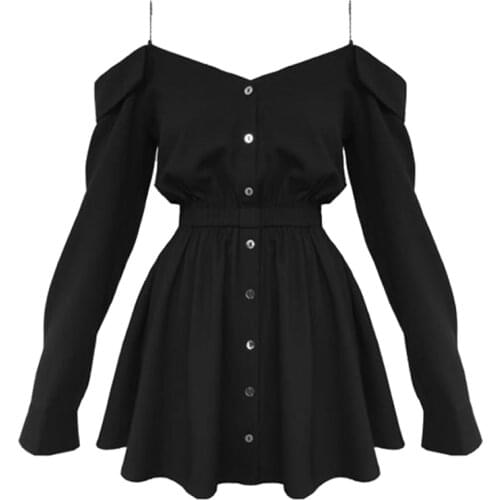 Harajuku Gothic Shirt Dresses Black Button Font V Collar Off Shoulder Women Sling Streetwear Long Sleeve A Line Black Punk Dress