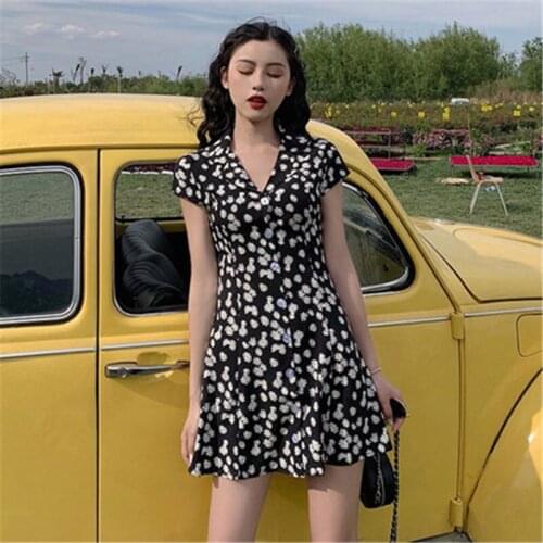 Spring 2020 new Floral Dress Girls Summer vintage Plus Size 5XL v-neck Short-sleeved Mini Dress For Women M336