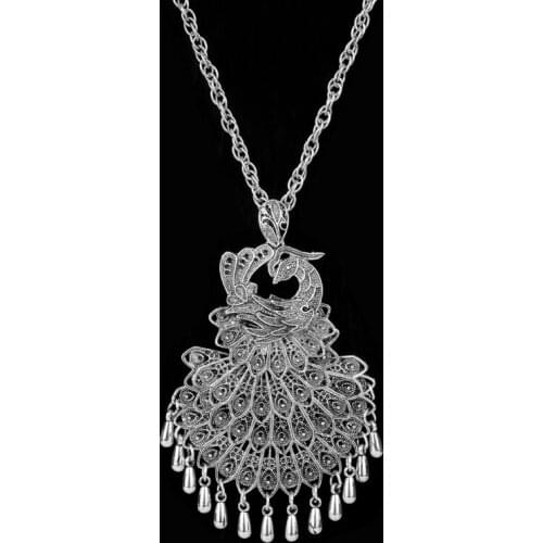 Ethnic Style Vintage Silver Color Flower Peacock Feather Necklace Retro Animal Pendant Costume Stage Show Women Jewelry