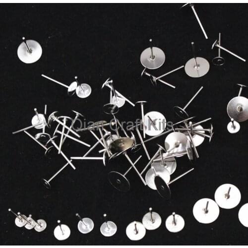 1000 sets mixed sizes Surgical Earstuds Blank Earring Posts w/ free stopper Glue on Flat Pad (4mm-8mm )Silver or rhodium