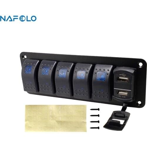 5 Gang Marine Boat Rocker Switch Panel Circuit Breaker Dual USB Slots light LED Digital Voltmeter Toggle Rocker Switch Panel