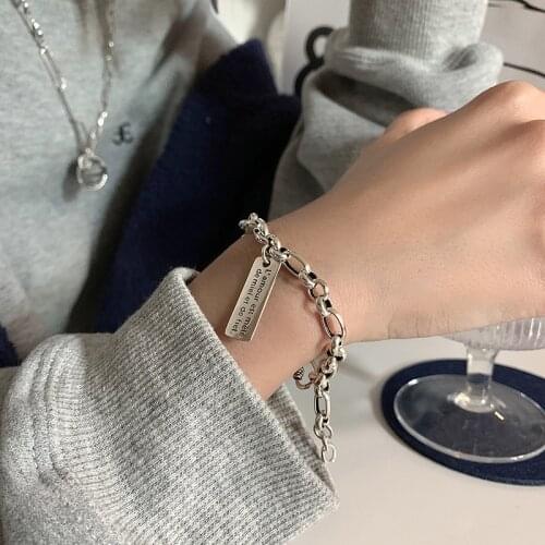 POPACC 925 Sterling Silver Square English Alphabet Bracelet for Women Men Thai Silver Vintage Jewelry