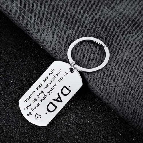 12PCs Dog Tag Stainless Steel Keychains Dad To The World You May Be One Person But To Me You Are The World Keyrings Dad Gift Hot