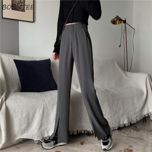 Pants Women Side-slit Loose Solid High Waist 3 Colors Ladies Simple All-match Korean Style Streetwear Leisure Straight Ins Cozy
