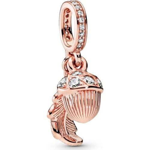 Genuine 925 Sterling Silver Acorn & Leaf Dangle Charm Rose Gold Beads Fit Original Pandora Bracelet Women DIY Jewelry Making