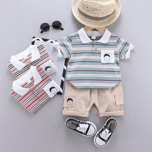 New Summer Baby Boys Personality Print Clothing Sets Toddler Girls Lapel Striped Shirt+shorts Outfits Kids Infant Casual Clothes