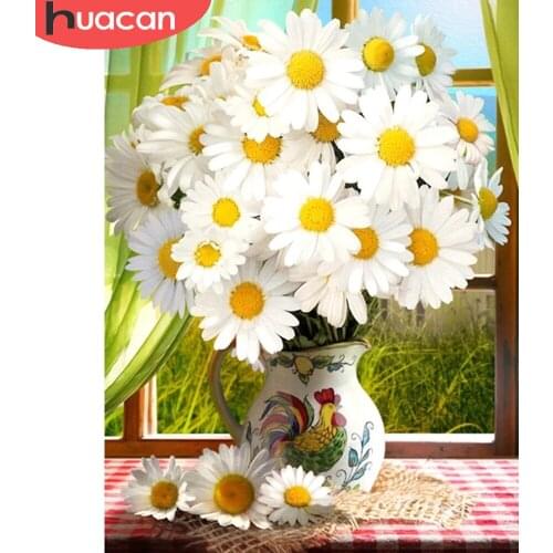 HUACAN Diamond Painting Daisy Cross Stitch Diamond Embroidery Mosaic Vase Of Flowers Wall Art Decoration For Home