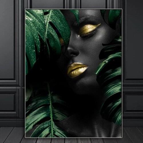 Full drill square Crystal Paintings Modern art, african black woman, green leaves Diamond Embroidery Full round 5d Diy artwork