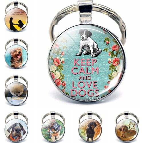 Keep Calm and Love Dog Pendant Glass Cabochon Key Chain Rings Keyfob Bulldog Husky Dachshund Dog Lover Gift