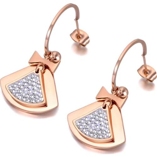 Trendy Titanium Stainless Steel Fan Shape Bowknot Earrings Shining Crystal Bohemia Party Earrings For Women E20002