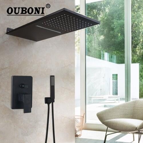 OUBONI Matte Black Bathroom Shower Faucet Solid Brass Wall Mounted Rainfall & Waterfall Shower Head Shower Faucet Set Mixer Tap