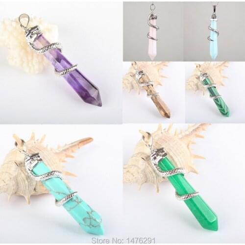 Natural Fashion jewelry Crystal snake Hexagonal Point Pendant Rose Pink Quartz Green Howlite Stone Purple Crystal Gifts 1PCS