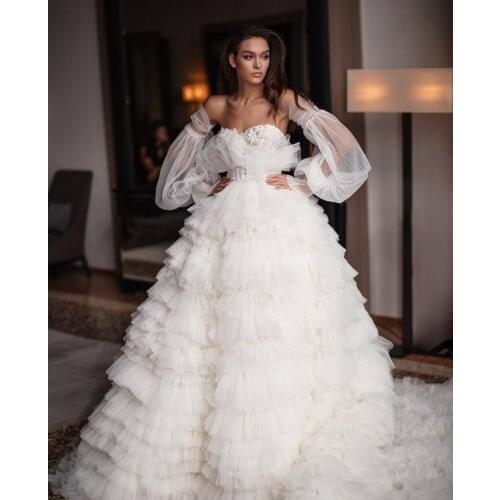Charming White Puffy Tulle Prom Gowns Ruffles Tulle Bridal Dresses Off The Shoulder Detachable Train Formal Dress