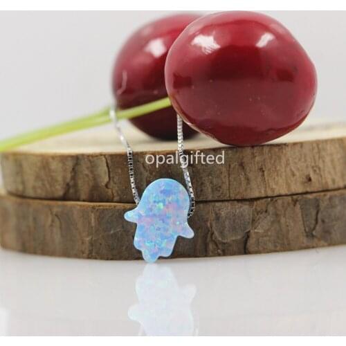 Hot Selling OP26 11x13mm Opal Hamsa Necklace, 925 Sterling Silver Synthetic Opal Hamsa Hand Opal Pendant Box Chain Necklace