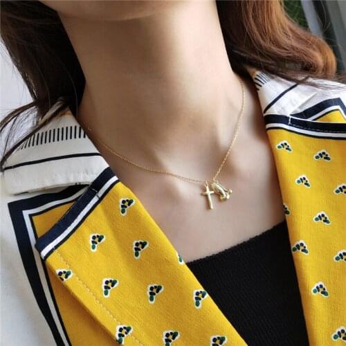 MEISHICHAO 925 Sterling Sliver Double Pendant Necklaces Gold Color Gold Hands Together Praying Cross Choker Necklace Women