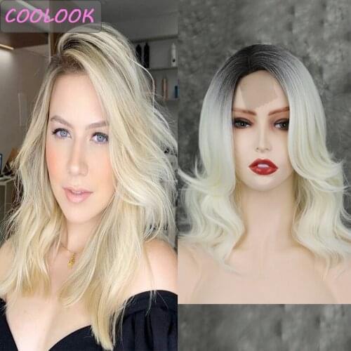 Ombre Blonde Wavy Lace Wig Synthetic Curly Blonde Lace Front Wig 16'' Shoulder Length Womens Wigs Heat Resistant Wave Fake Hair
