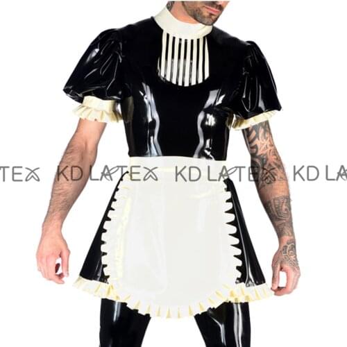 Sexy French Maid Latex Dress With Stripe And Puff Short Sleeves Apron Zipper At Back Rubber Uniform Bodycon Playsuit LYQ-0181
