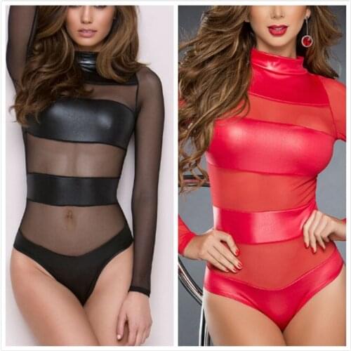 2020 Women Leather sexy Sexy Clubwear pyjamas women Erotic Splice Sexual clothing Bodysuit Jumpsuit dropshipp