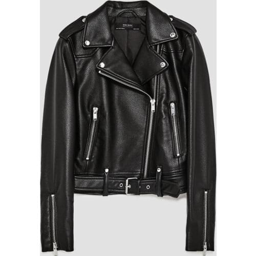 2021 New Leather Jacket Women PU Faux Leather Jackets Litchi Pattern Lady Sashes Pockets Black Zippers Motorcycle Biker Coats