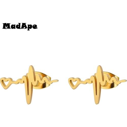MadApe Trendy ECG Earrings 316L Stainless Steel Heart Stud Earrings Women Anti Allergy Earings 2019 Fashion Jewelry Earn bijoux