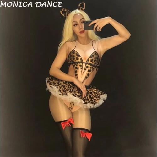 Women Sexy Rhinestones Leopard Pattern Sleeveless Stage Costume Cosplay Party Female Celebrate Outfit Singer Dance Show Costumes