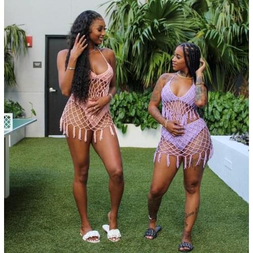 Sexy Crochet Tassel Two Piece Shorts Set Beach Knitted Summer Outfits Womens New Fringe 2 Pieces Matching Sets