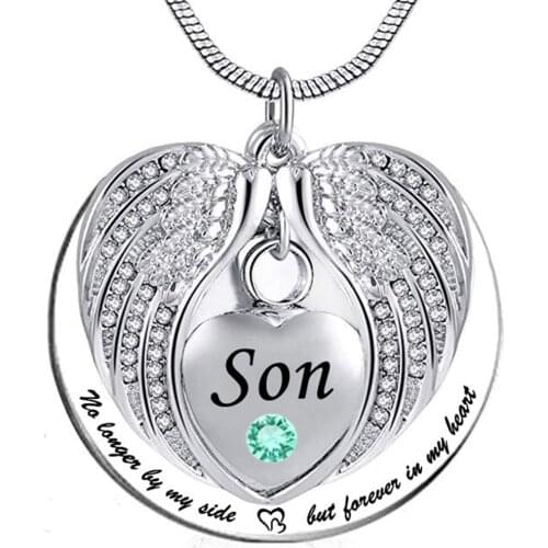 Cremation Jewelry Urn Necklace Ashes Keepsake No Longer by Side But Forever in My Heart Angel Wings Memorial Pendant for Son
