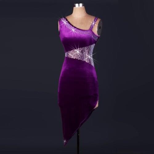 Customized Purple Latin Dance Dresses Women Shiny Diamond Sexy One Shoulder Dress Great Gatsby Dress For Salsa Cha Cha ZH1055