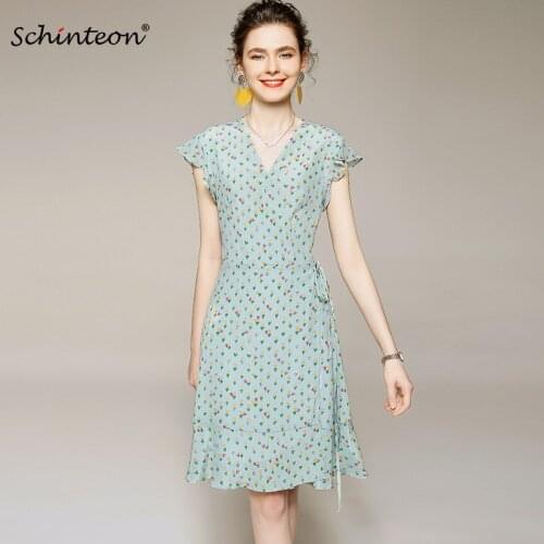 Schinteon 100% Natural Silk Heart Print Dress V-Neck Collar Short Sleeved Elegant Sashes Dresses Women 2021 Summer Office Lady
