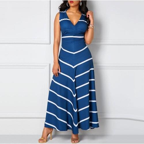 Robe de soirée Womens V-neck Sleeveless High-waist Striped Long Swing Dress Dress платье женское вечернее abendkleider 2019