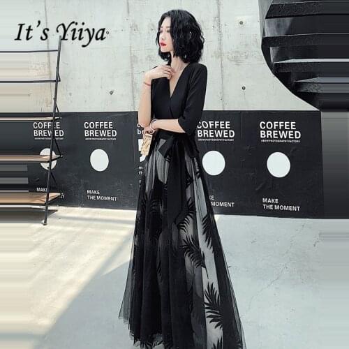 Its Yiiya Evening Dresses Black V-neck Half Sleeve Evening Dress Long Plus Size Elegant Party Gowns 2020 robe de soiree LF012