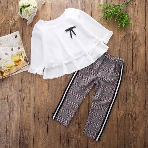 2021 Toddler Baby Kids Girls Outfits Ruffle T Shirt Tops+checked Pants Clothes Set Long Sleeves Winter Autumn Clothes Outfits