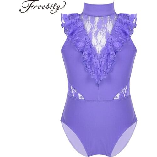 Kids Teens Sleeveless Ruffled Lace Splice Back Zipper Ballet Performance Dance Costume Gymnastics Leotard Girls Stage Dance Wear