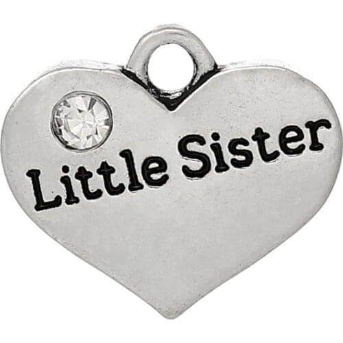 Doreen Beads Heart Silver Color Pendants "Sister" Carved Rhinestone Charms DIY Making Earraing Necklace Best Friends Jewelry