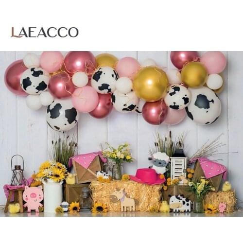 Laeacco Balloons Birthday Party Baby Newborn Toys Sheep Haystack Gray Wood Wall Child Photozone Photo Background Photo Backdrops