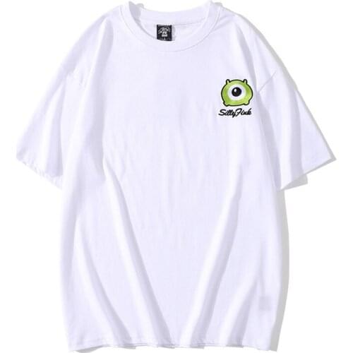 New Fashion Couple Short Sleeve T-shirt Pure Color Round Collar Simple Fashion Cartoon Embroidered Short Sleeve