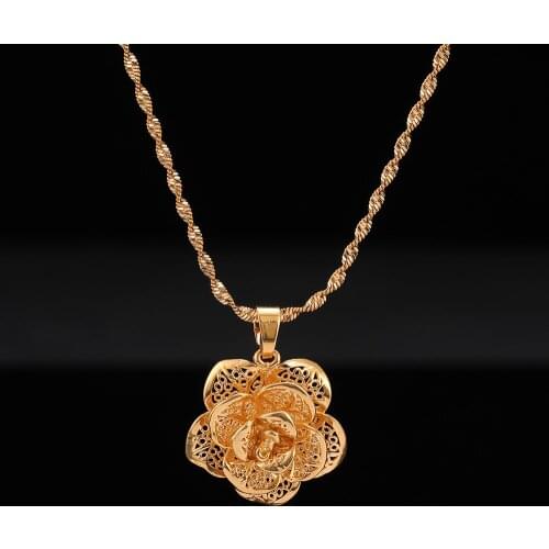 Fashion Hollow Rose Flower Pendant Woman Bohemian Chokers Water Wave Chain Necklaces 24K Yellow Gold Filled Chunky Jewelry Gifts