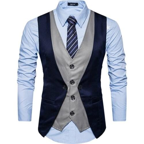 Men Vest 2018 Brand Male Patchwork Waistcoat Fashion Fake Two Piece Wedding Business Casual Men Suit Vest Groom Singer Clothes