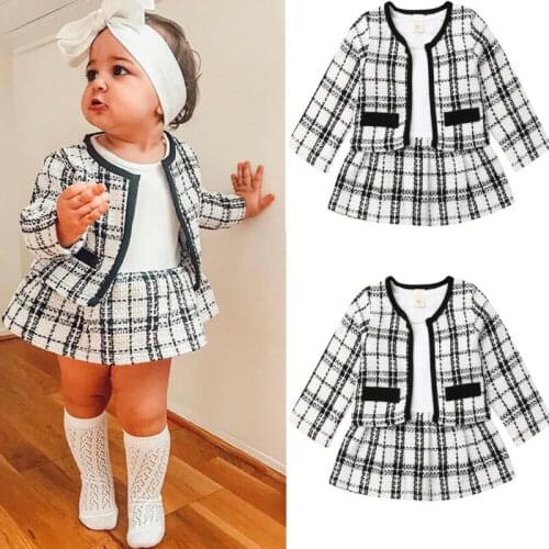 2PCS Fashion Kids Baby Girl Pageant Plaid Coat & Tutu Dress Party Outfits Clothes Toddler Girls Suit Autumn Winter Set