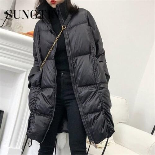Sungtin Women Long Solid Loose Black Puffer Parka Jacket Winter Autumn Female Oversize Thick Warm Parka Jacket Coat Drawstring