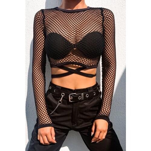 Sexy Women Hollow Out Fishnet Mesh Sheer Crop Top Long Sleeve Bodycon See-Through Transparent T-Shirt Tee Tops Clubwear