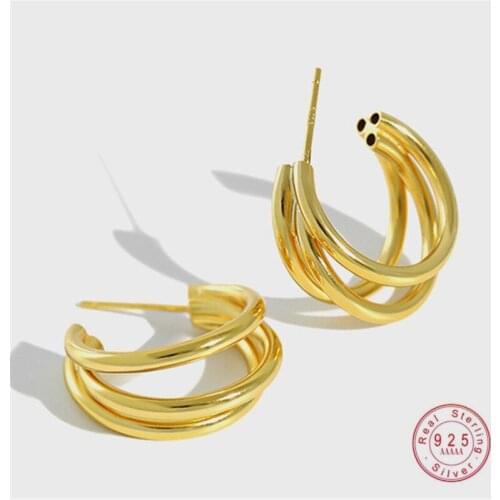 HI MAN 925 Sterling Silver Korean Fashion Simple Three Layers C-shaped Stud Earrings Women Luxury Anniversary Jewelry