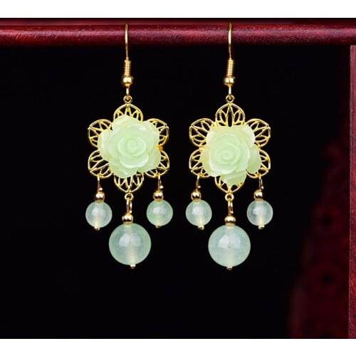 Jade Flowers Drop Earrings Chalcedony Agate Amulet Fashion Natural Charm Jewelry Gifts for Women Her